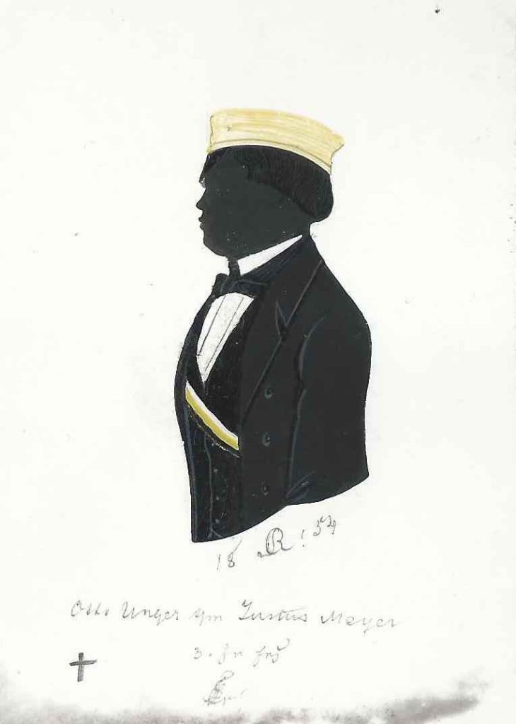 Karl August Otto Unger kam am 4. Januar 1830 als Sohn des Kaufmanns Georg Friedrich August Unger und dessen Ehefrau Carolina Wagner in Durlach zur Welt. Er immatrikulierte sich am 26. Oktober 1850 als stud. iur. an der Universität Heidelberg und trat der Suevia bei, in die er im folgenden Jahr rezipiert wurde. Einmal war er Consenior. Nach dem Studium war er als Rechtsanwalt in Pforzheim tätig und starb am 15. Februar 1886 in seiner Geburtsstadt. Die Silhouette ist gewidmet "18 [R!] 54 - Otto Unger s/m Justus Meyer - z. fr. Erg. [Z!]" Kölner Privatsammlung.