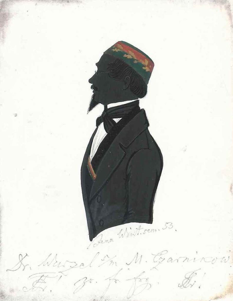 Ferdinand Gotthard Wurlitzer immatrikulierte sich nach dem Abitur an der Universität Jena und schloss sich der Franconia an, in die er 1847 rezipiert wurde. Dort war er einmal Consenior und dreimal Senior. Wahrscheinlich fungierte er auch als Paukarzt. Für seine Verdienste verlieh ihm sein Corps die Ehrenmitgliedschaft. Er wurde zum Dr. med. promoviert und war als Arzt in Camburg tätig. Wurlitzer war mit Elise Weller verheiratet und verstarb 1876. Silhouette gewidmet „Jena Wint.sem.53. – Dr. Wurzel [Z!] s/m M. Czarnikow [Z!] – zr. fr. Erg.“ Kölner Privatsammlung