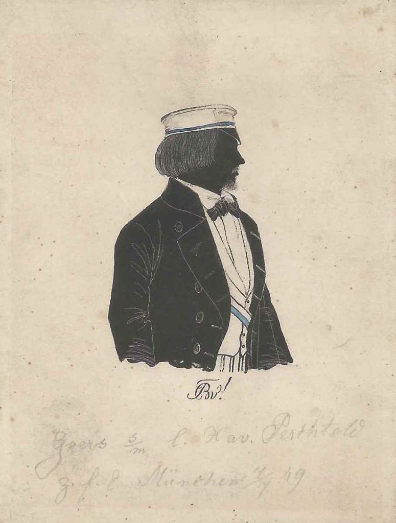Georg Goers stammte aus Passau und immatrikulierte sich als stud. iur. an der Universität München. Dort schloss er sich der Bavaria an, in die er 1850 rezipiert wurde. Nach dem Studium war Goers als Stadtgerichtsassessor in seiner Heimatstadt tätig und starb 1875. Die Silhouette ist gewidmet "Goers s/m l. Xav. Perchtold - z. f. E. München 7/7 49". Kölner Privatsammlung.