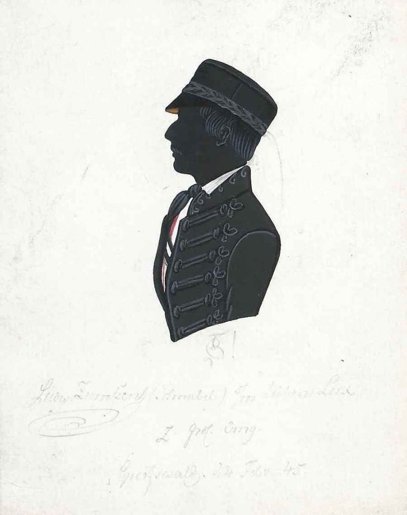 Ludwig W. Ziemssen stammte aus Greifswald und begann Michaelis 1843 das Studium der Philologie an der Universität seiner Heimatstadt. Dort trat er der Borussia bei, ist aber wohl später ausgeschieden, da er in den Corpslisten nicht geführt wird. Weiteres war bislang nicht über ihn festzustellen. Die Silhouette ist gewidmet "[Z!] - Ludw. Ziemssen (Schnabel) s/m lieben Lux - z. frdl. Erng. - Greifswald 24. Feb. 45." Kölner Privatsammlung