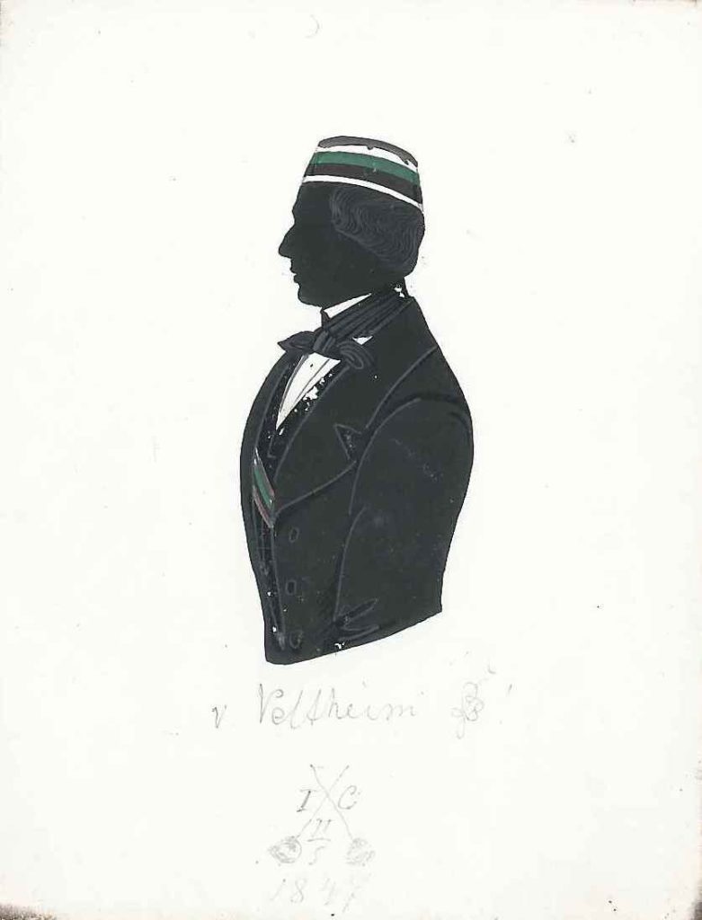 Carl Burghard von Veltheim stammte aus Ostrau und wurde ca. 1826 als Sohn des königlich preußischen Oberberghauptmannes und Gutsbesitzers Franz Wilhelm Heinrich von Veltheim geboren. Am 20. Juni 1846 immatrikulierte er sich 19-jährig als stud. iur. an der Universität Heidelberg und trat der Saxo-Borussia bei, in die er 1847 rezipiert wurde. Veltheim war einmal deren Consenior. Es ist unklar, ob er sein Studium beendete, da er bereits 1851 ins als Leutnant im königlich preußischen 10. Husarenregiment zu Aschersleben diente. Er heiratete er im Januar 1852 in Großendorf bei Stolp Friederike Louise Eugenie von Mitzlaff und verstarb bereits im Jahre 1855. Privatsammlung