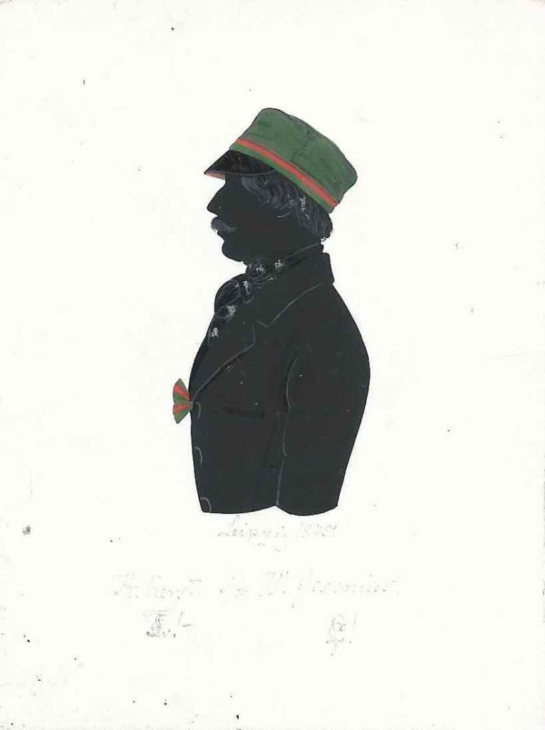 Ernst Hermann Kerst stammte aus Wechmar und immatrikulierte sich nach dem Abitur am 27. Oktober 1842 als stud. theol. an der Universität in Jena. Dort wurde er Mitglied bei Franconia, in die er im folgenden Jahr rezipiert wurde. Dreimal war er Drittchargierter. Später heiratete er Auguste Bertha Louise Amalie Sievers und war als Pastor in tätig. Er starb 1891 in seiner Heimatstadt. Die Silhouette ist gewidmet "Leipzig 1845 - H. Kerst [Z!] s/m W. Gesenius [Z!]" Kölner Privatsammlung