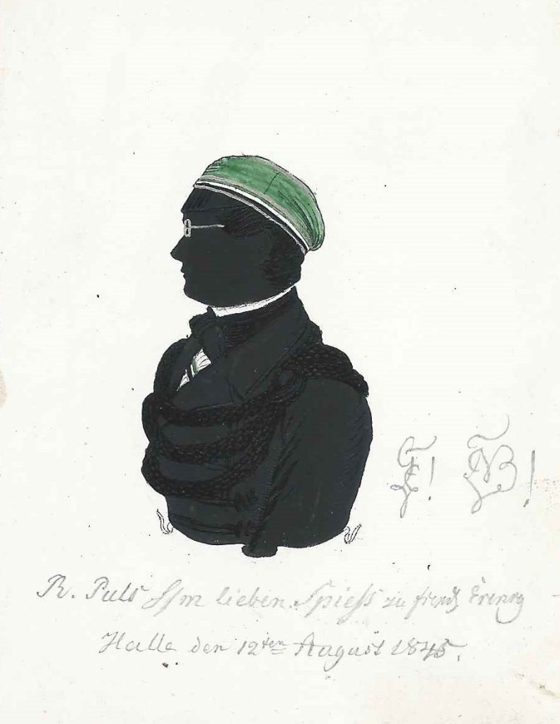 Karl Robert Puls kam am 26. Oktober 1819 als Sohn des Amtsverwalters Daniel Kaspar Ludewig Puls und dessen Ehefrau Marie Elisabeth Berg in Oschersleben zur Welt. Ostern 1842 immatrikulierte er sich an der Universität Halle als stud. theol. und trat der Guestphalia bei, in die er im Folgejahr rezipiert wurde. Später ernannte das Corps ihn zum Ehrenmitglied. Nach dem Studium und erfolgter Promotion zum Dr. phil. war er als Privatlehrer tätig und unternahm 1857 eine Reise in die Vereinigten Staaten. Am 4. November 1882 heiratete er in Halle Amalie Hedwig Reichardt. Weiteres war bislang nicht festzustellen. Kölner Privatsammlung.