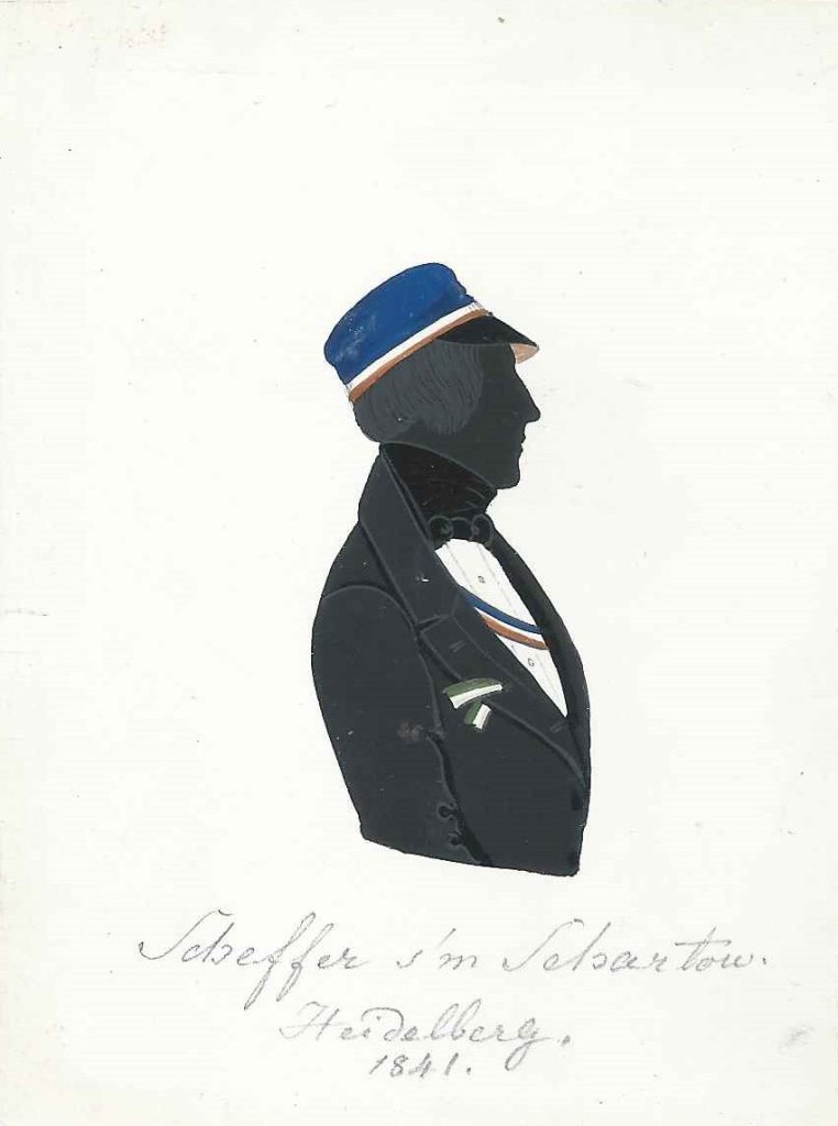 Eduard Scheffer stammte aus Fulda und war Sohn des Polizeidirektors Carl Scheffer und dessen Ehefrau Henriette Giesler. Er immatrikulierte sich in Marburg und wurde Hassia aktiv. Am 1. Mai 1839 wechselte er als stud. cam. an die Universität Heidelberg und wurde in die Nassovia rezipiert. 1841 studierte er wieder in Marburg und trat der Hasso-Nassovia bei, die mittlerweile aus seinem ersten Corps heraus entstanden war. Scheffer heiratete Julie von Lorentz und war als Oberregierungsrat tätig. Er starb am 12. April 1899 in Marburg. Kölner Privatsammlung.