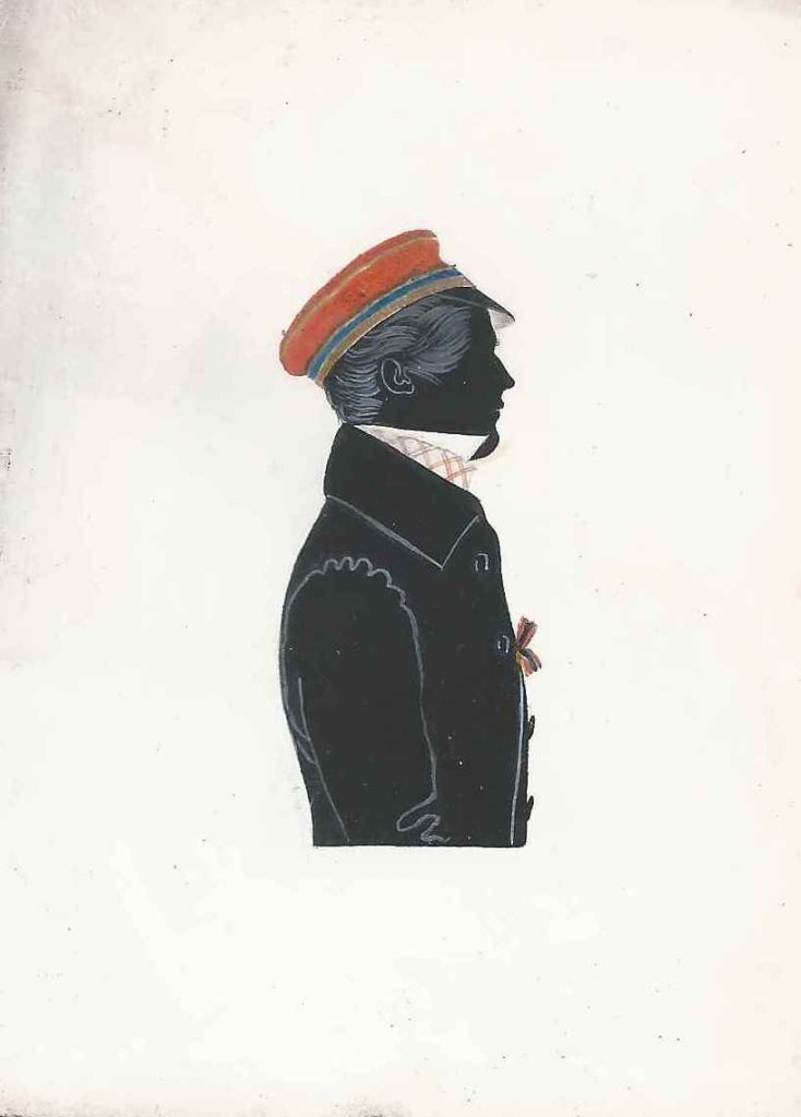 Georg Carl Theodor Oldekop kam am 24. Februar 1811 als Sohn des Konsistorialrats und Tribunalrichters Johann Just Oldekop (1772-1811) und dessen Ehefrau Margarethe Friederike Kraut (1780-1856) in Hannover zur Welt und wurde am 28. Februar daselbst evangelisch getauft. Nach dem Abitur immatrikulierte er sich am 3. Mai 1830 als stud. iur. in Göttingen und trat der Hannovera bei, in die er noch im selben Jahr rezipiert wurde. Ab Ostern 1831 setzte er seine Studien für ein Semester in Berlin fort und kehrte am 26. Oktober wieder nach Göttingen zurück. Nach abgeschlossenem Studium war Oldekop beim Militär zunächst als Auditor, dann Amtsassessor, Kriegssekretär und schließlich als Kriegsrat tätig. Am 16. September 1841 heiratete er in seiner Geburtsstadt Marie Auguste Henriette Agnese Wächter (1815-1862), mit der er insgesamt vier Söhne zeugte (Justus Georg Karl, geb. 1842; Friedrich Julius Iwan, geb. 1844; Adalbert Ernst Henning, geb. 1846 und Otto Wilhelm August Theodor Justus, geb. 1853). Ein weiterer Sohn kam 1849 tot zur Welt. Oldekop verstarb als Geheimer Regierungsrat und Kriegsrat a.D. am 15. Dezember 1894 in Hannover. Die Silhouette ist nicht gewidmet, war aber rückseitig beschriftet und konnte auch über zusätzlich zur Silhouette aufgetauchte Unterlagen sicher identifiziert werden. Privatsammlung